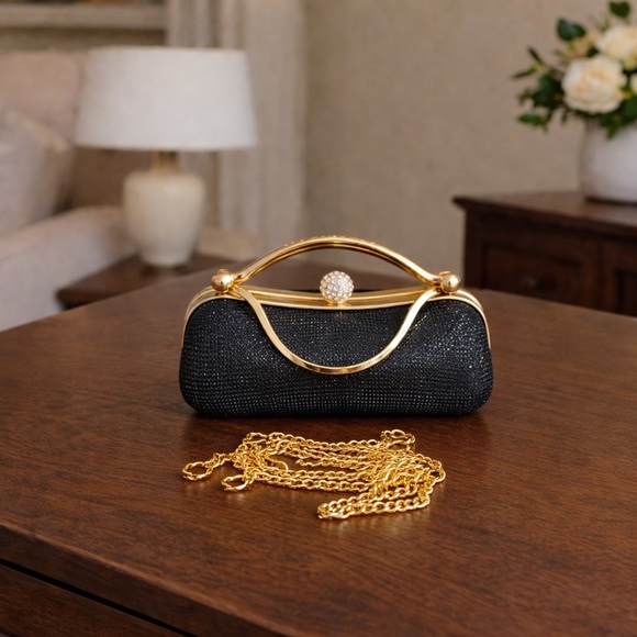 None Handbags - Black Evening Clutch with Gold Frame and Crystal Accent